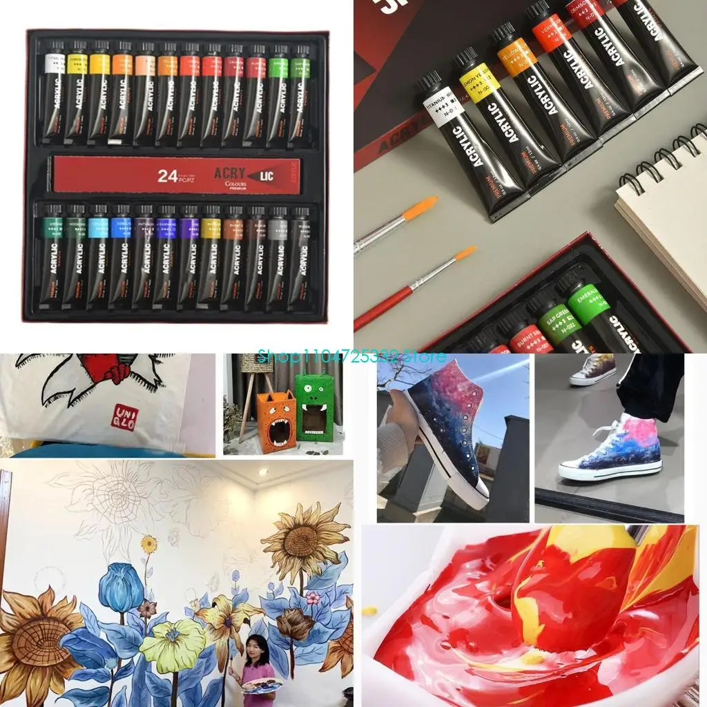 

P5EA 24 Colors Acrylic Paint Artist Painting Set 12ml x 24 Tubes for DIY Crafts