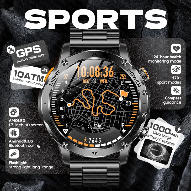 

Новые умные часы T-REX PRO с аккумулятором 1000 мАч, GPS, фонариком, водонепроницаемостью 10ATM, Bluetooth-звонками, для мужчин, 170+ спортивных режимов