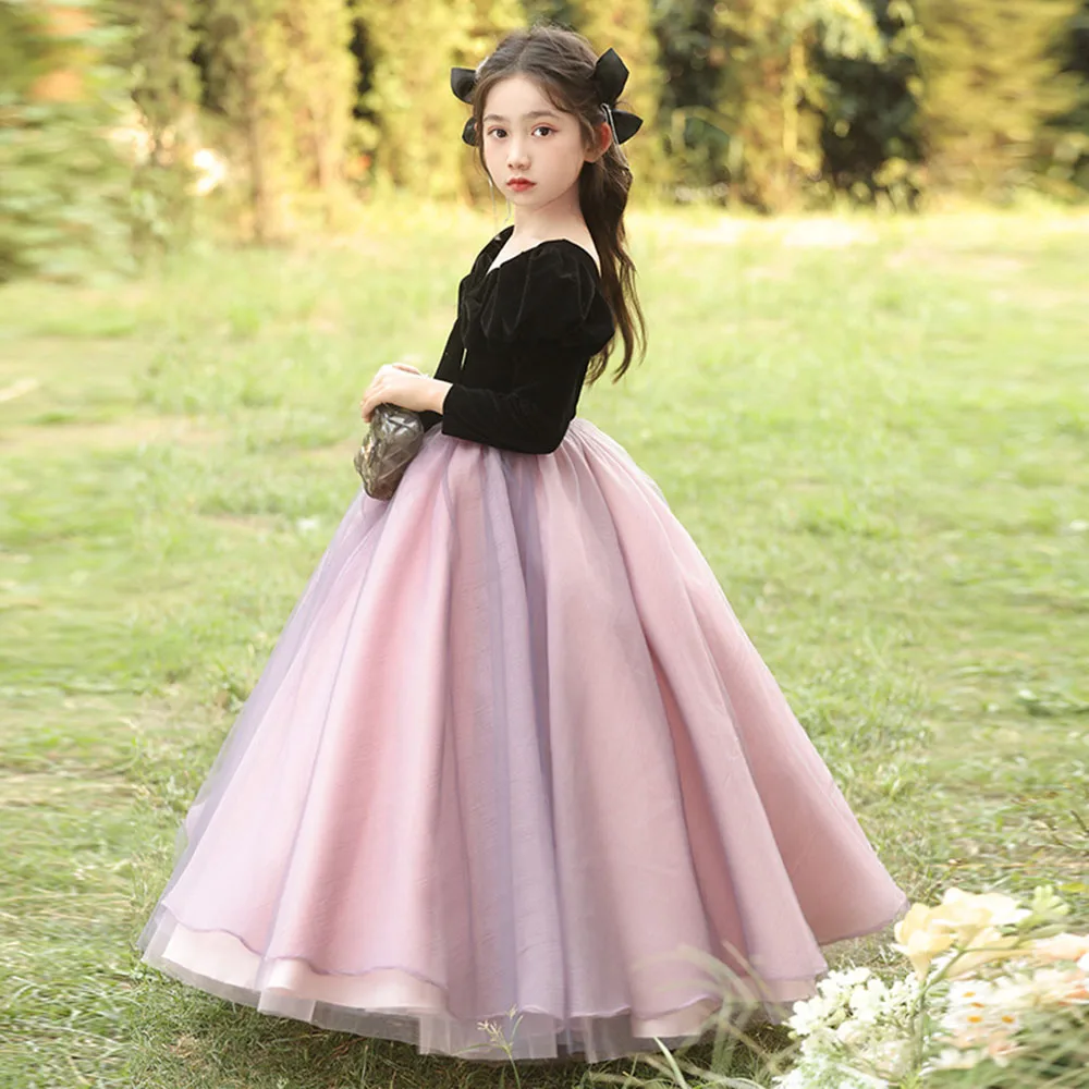 Vestido de princesa clásico elegante para niña 3-9T, estilo de invierno, vestido de fiesta de cumpleaños con mangas de burbuja de tul y terciopelo de retales