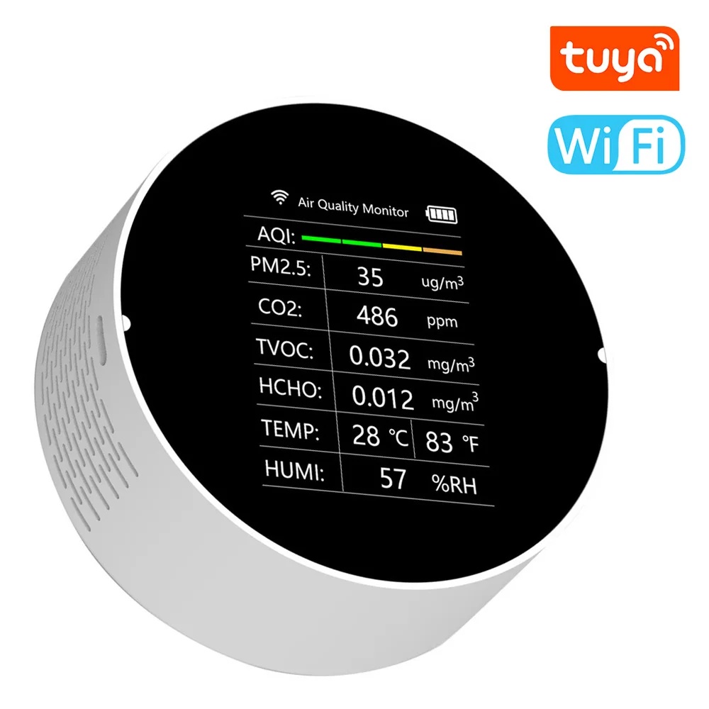 Tuya WiFi Multifunctional Air Quality Detector 7 In 1 PM2.5 CO2 HCHO Temperature Humidity AQI Detector Home Desk Office Car