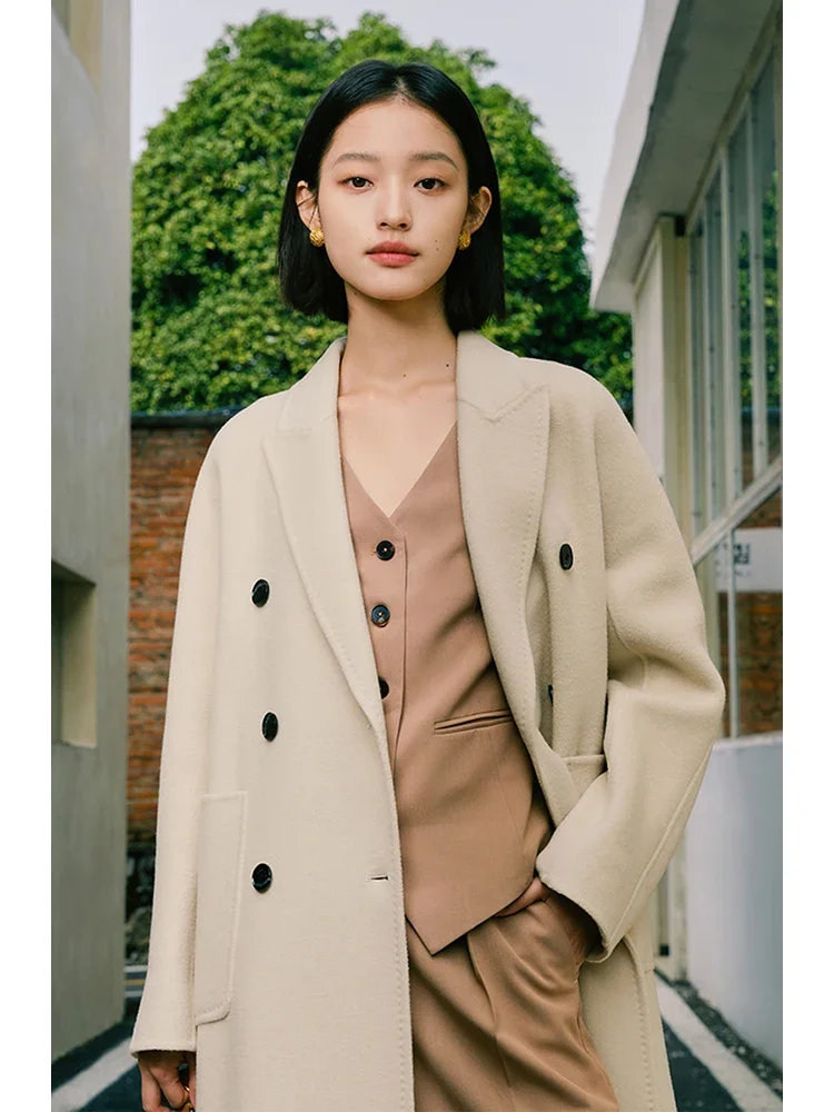 ZIQIAO High-end Cashmere Double-sided Woolen Coat for Women 2023 Winter Exquisite Lapel Mid-length Long Woolen Coats Female