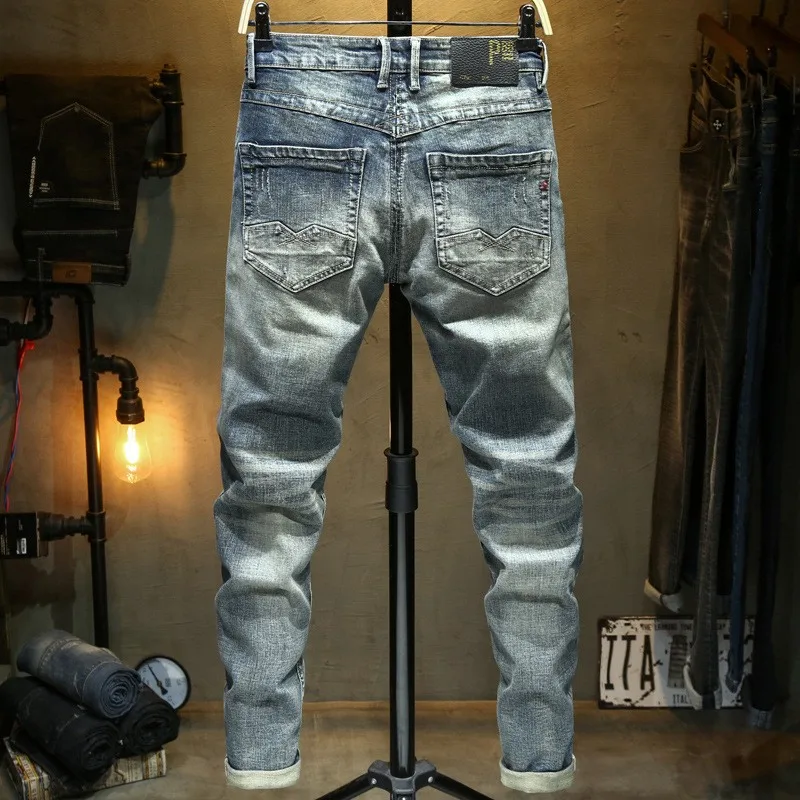 Street Fashion Men Jeans Retro Washed Blue Stretch Slim Fit Ripped Jeans Men Embroidery Designer Patched Vintage Denim Pants