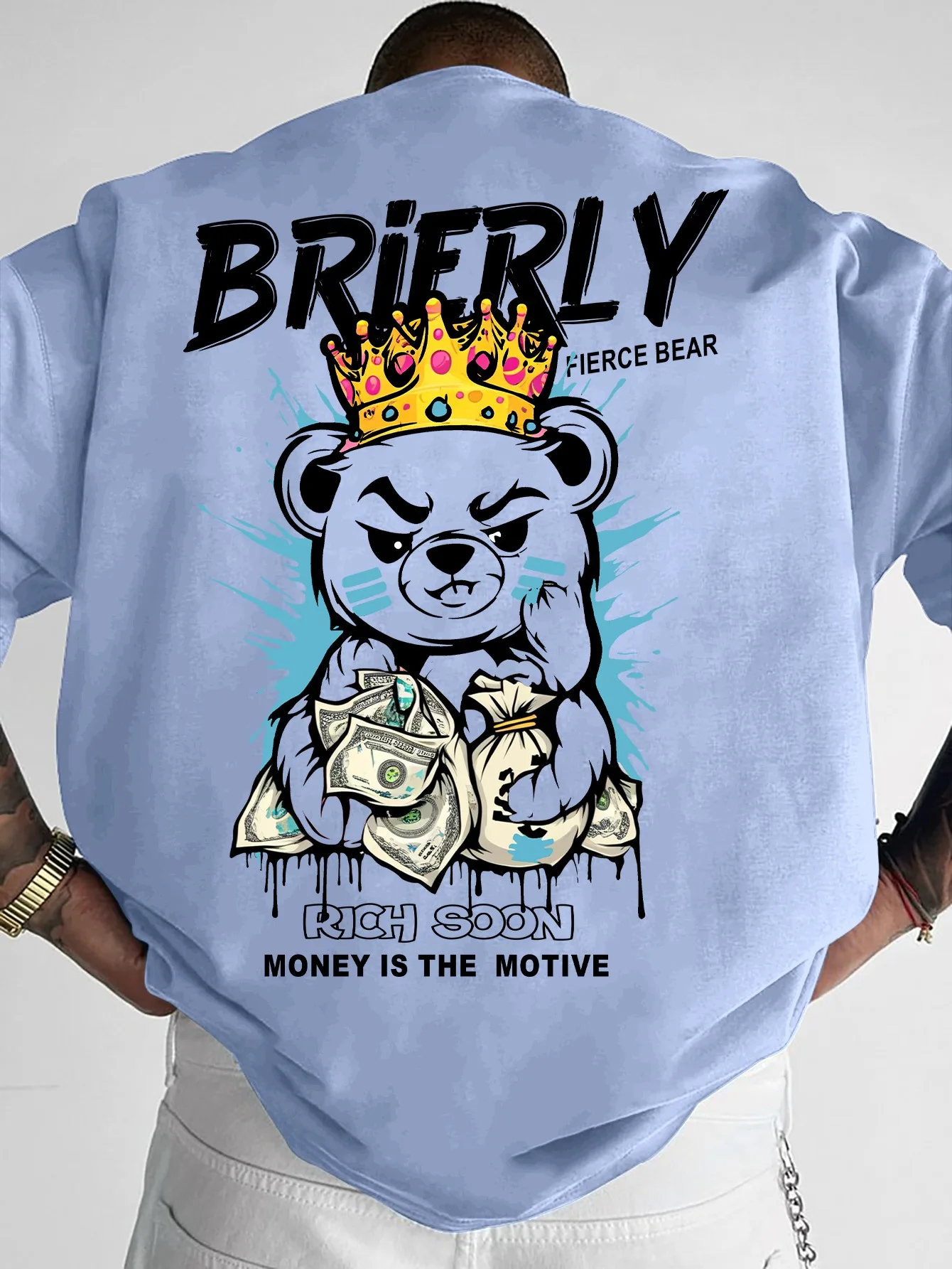 Fashionable men's summer teddy bear wealth letter print comfortable and breathable round neck T-shirt outdoor street top