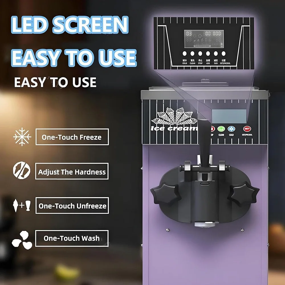 Commercial Soft Ice Cream Machine Fruit Milk 5.5 8.2 Gallon/Hour PreCooling Night Auto Clean LCD Panel Energy Star Certified