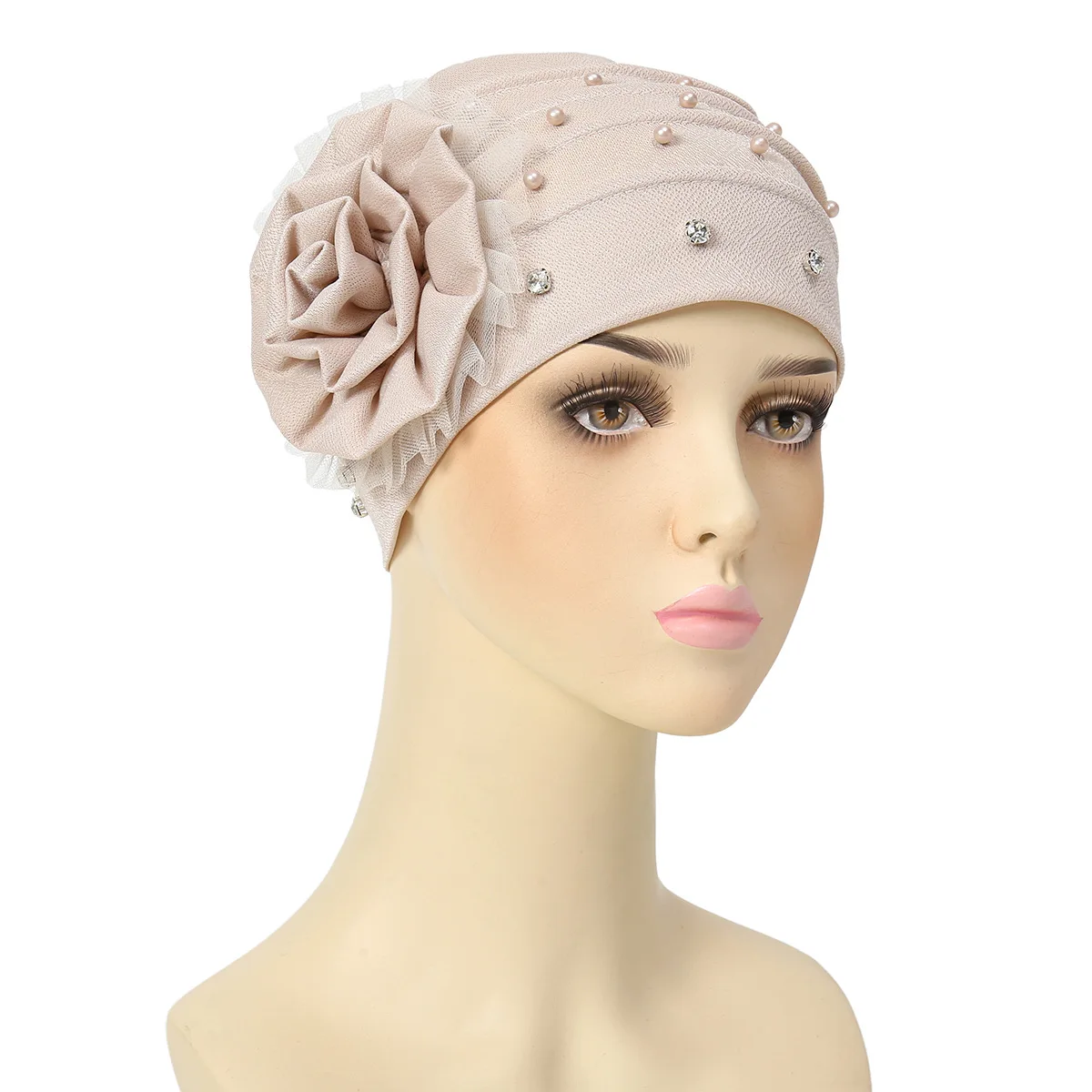 

Fashionable Pleated Turban, Pearl Flower Decor Breathable Head Wrap For Women, Solid Color Elegant Head Scarf For Daily Life for