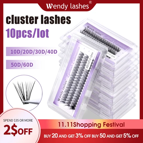 Wendy Lashes 10/20pcs/Lote Pestañas en racimo 3 filas 10D/20D/30D/40D Paquetes de pestañas individuales de estilo natural Proveedor hecho a mano