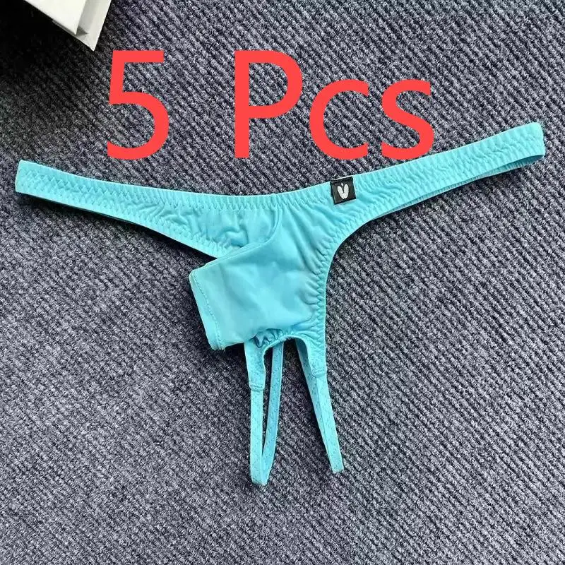 5 Pcs  Men\'s Sexy Low Waisted Thong With Short Elephant Trunk  Ice Silk Thin Cut Hollowed OutThin Straps Solid Color Underware