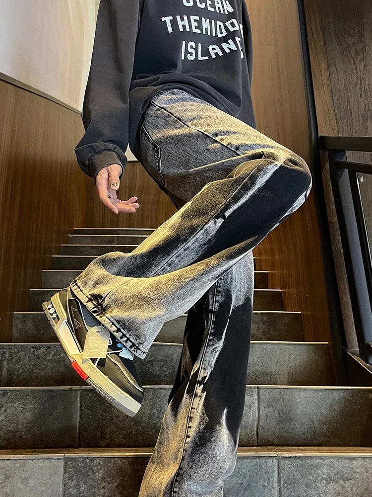 アメリカンレトロタイダイジーンズメンズスリムルーズストレートカジュアルパンツストリートスレハオメスモールエンスフレアナイフパンツ