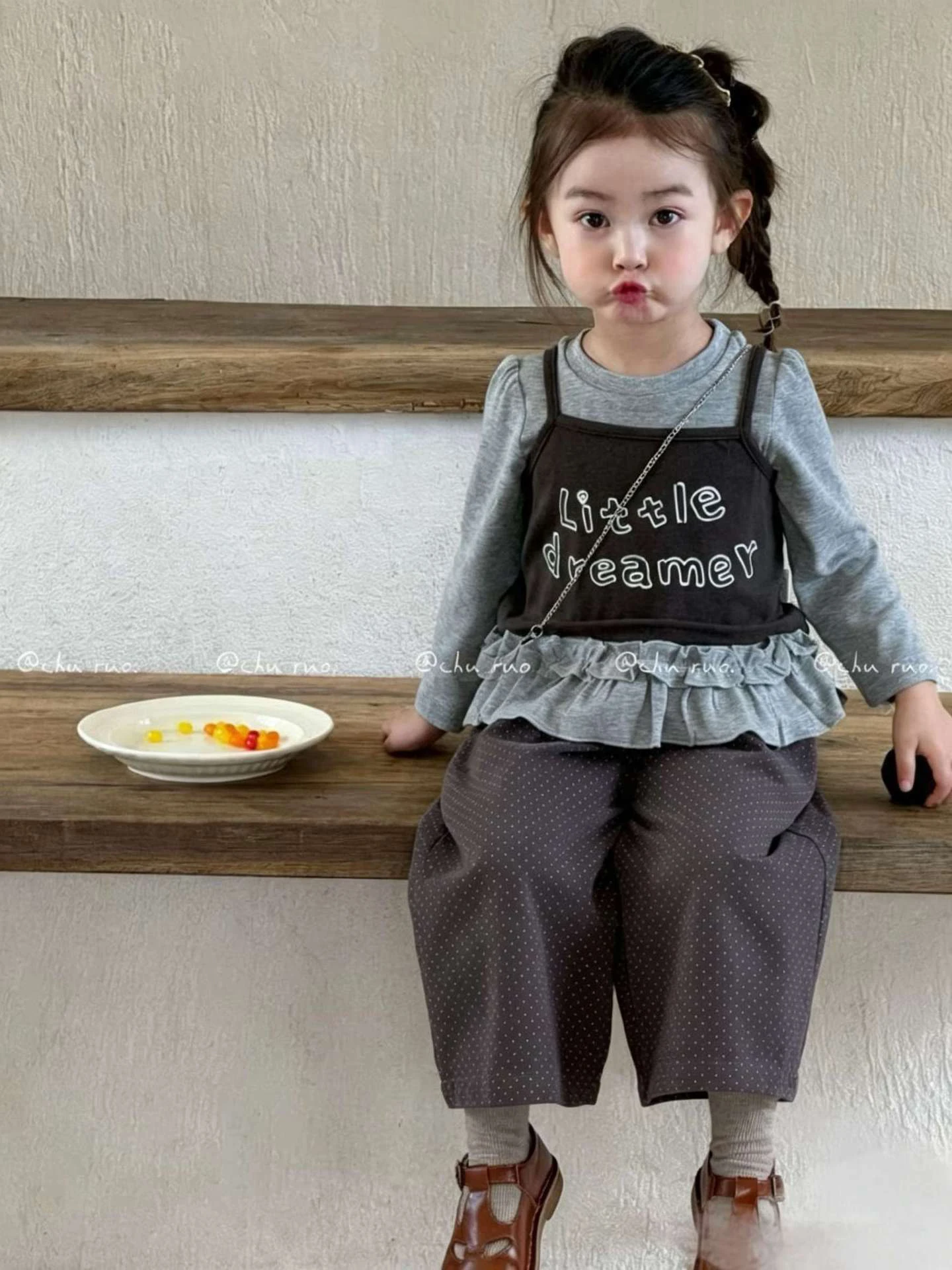 Baby Girls Fake Two Piece Top+Pants 2Pcs/Sets 2026 New Autumn Letter Print Ruffle Hem Pullover Dots Trousers Kids Casual Outfits