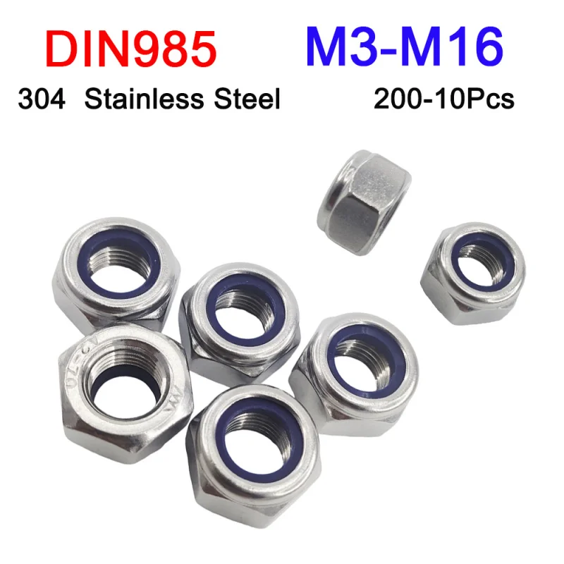 10-200Pcs M3 M4 M5 M6 M8 M10 M12 M14 M16 Hex Hexagon Nylon Insert Self Lock Nut Nylock Nut Locknut 304 Stainless Steel DIN985