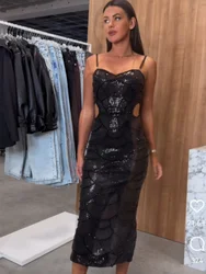 New Black Color Women Sleeveless Sexy Beading Strap Bodycon Long Dress Shinning Sequins Celebrate Elegant Evening Party Dress