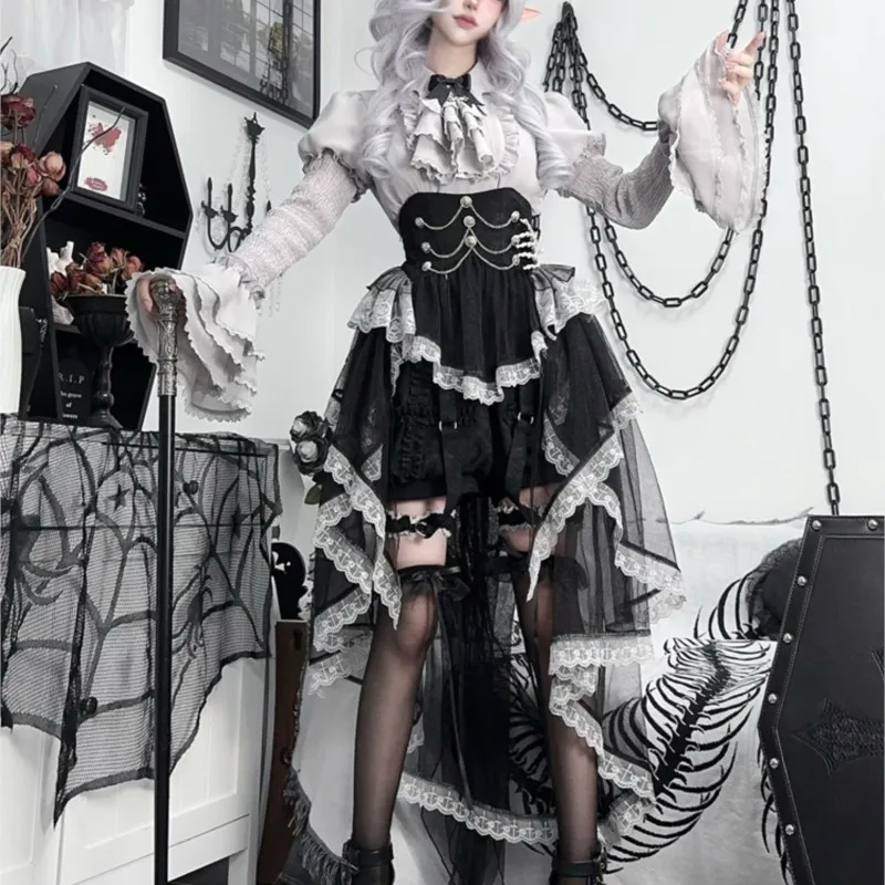 Gothic dark style lantern long sleeve dress set