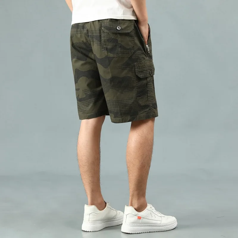 Men\'s Summer Camouflage Printed Geometric Pockets with Elastic High Waisted Casual Loose Sports Trousers Preppy Style Shorts