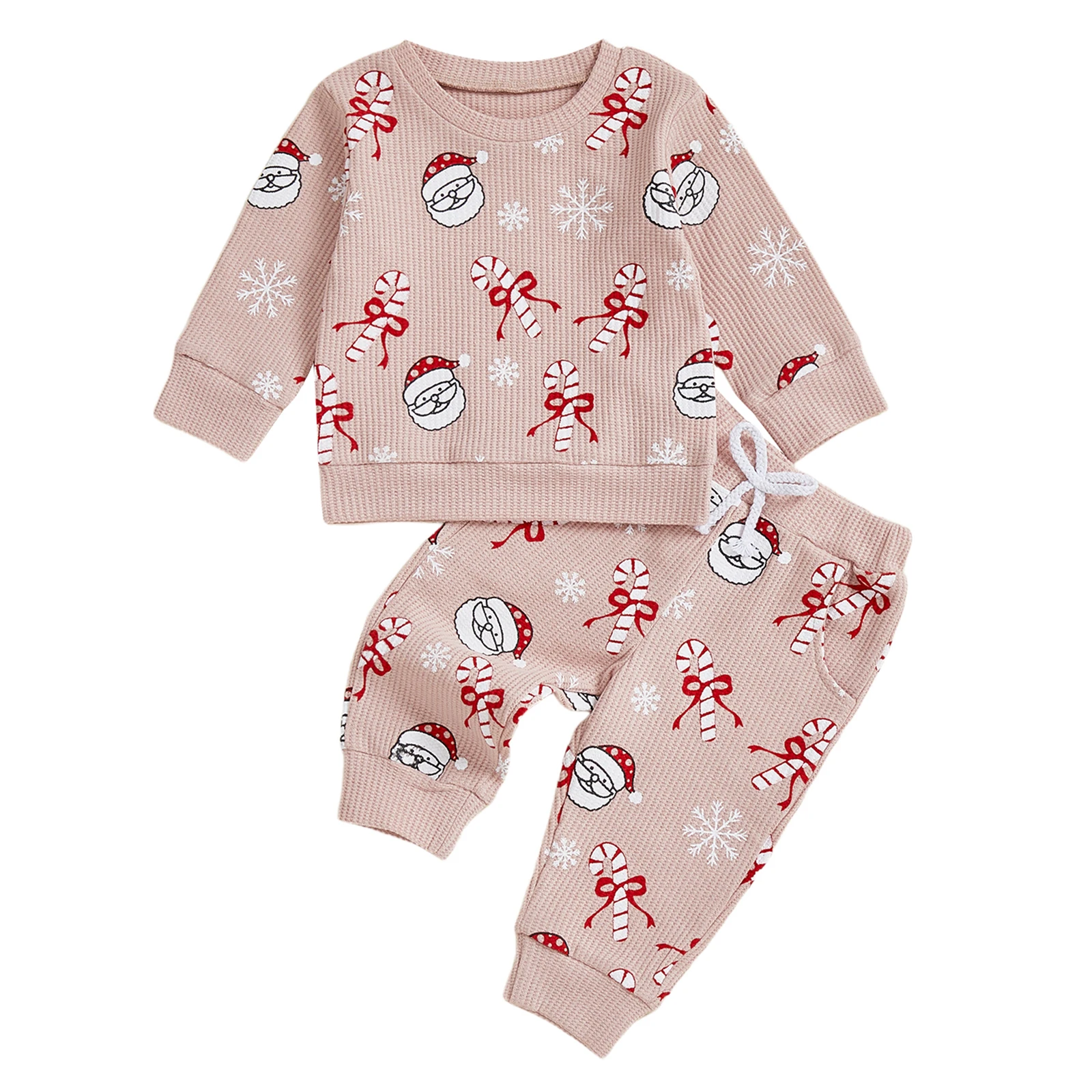 Baby Girl 2Pcs Christmas Outfits Long Sleeve Santa Candy Cane Print Sweatshirt + Pants Set Toddler Clothes
