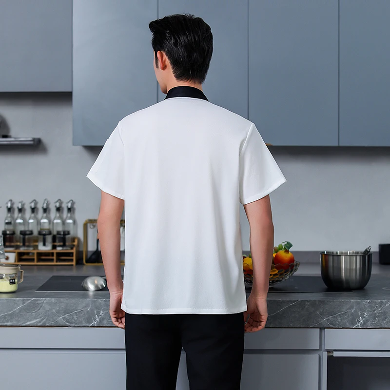 الرجال قصيرة الأكمام سترة الطاهي المطبخ العمل موحدة تنفس مطعم الشيف معطف المئزر الأبيض ملابس العمل الشيف السراويل الصيف