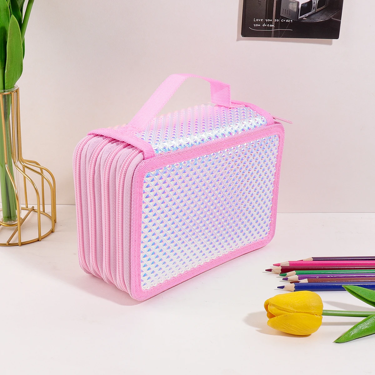 

Cute Pink Pencil Case with Handle, 4 Zipper Compartments Holds 72 Colored Pencils for Girls Students School Art Supplies