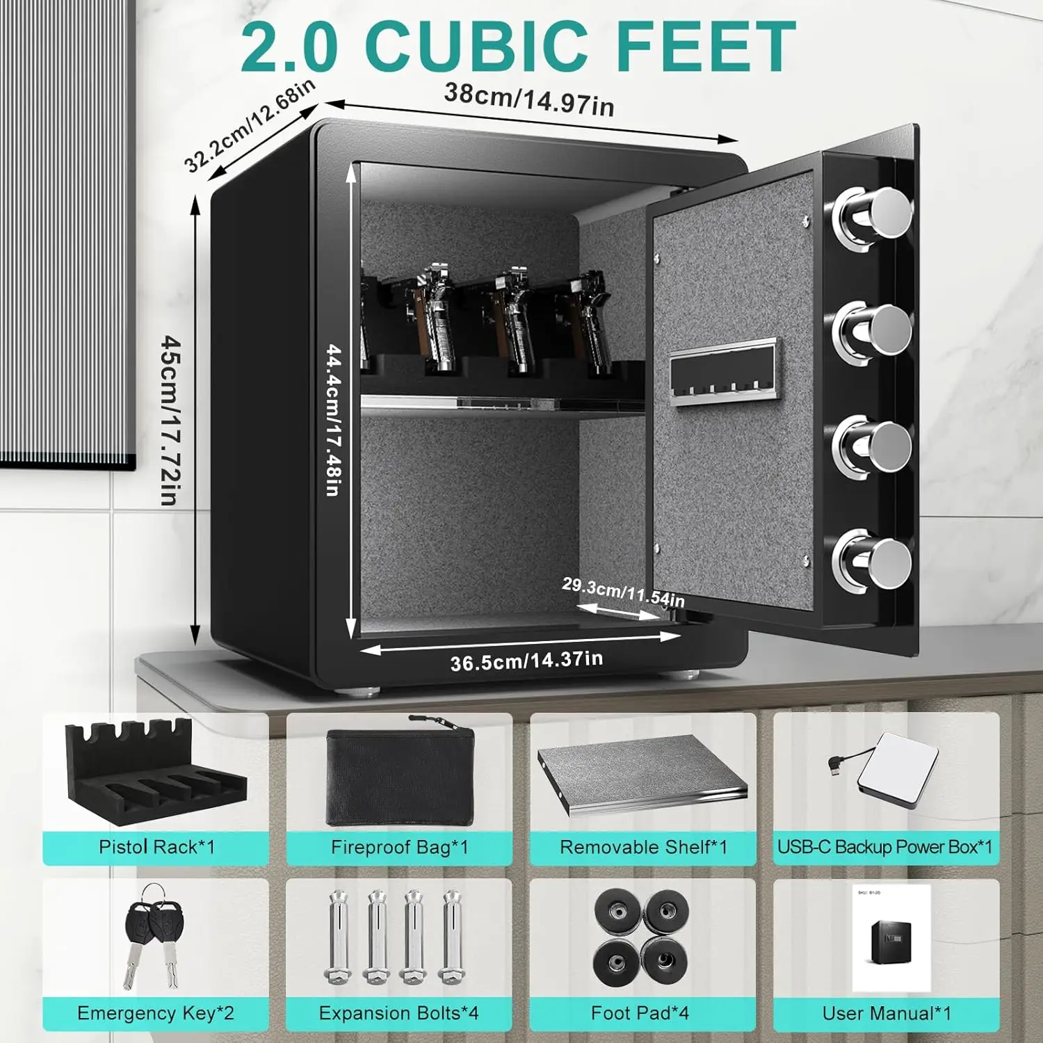 Safe Box with Pistol Rack, Fireproof Waterproof Bag, Large Digital Safe with Dual Alarm System, Removable Shelf for Home, Hotel,