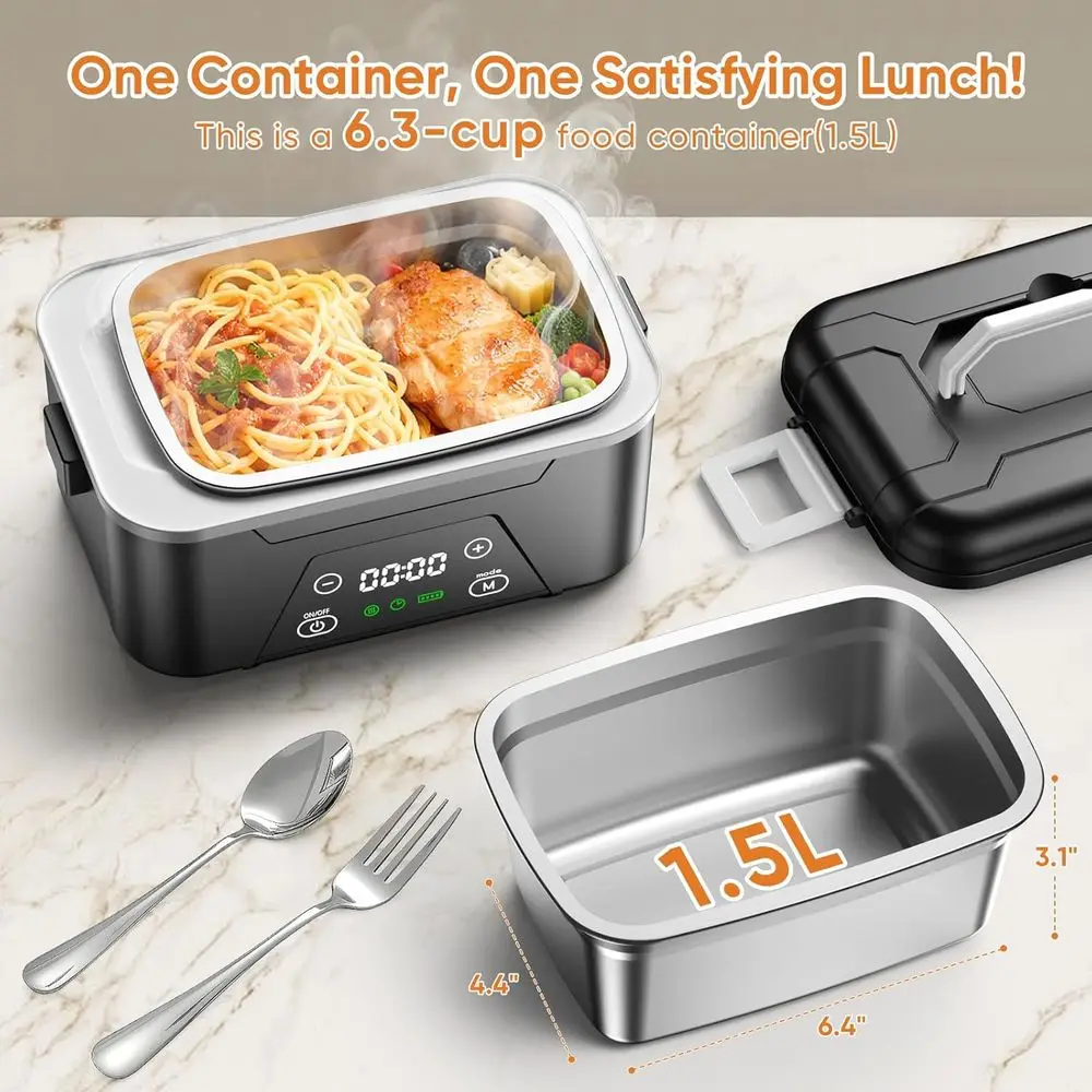 صندوق غداء كهربائي محمول قابل لإعادة الشحن سعة 6.3 أكواب للبالغين مع بطارية 20000 مللي أمبير في الساعة، وتسخين مخزن، ومجموعة أدوات، وعزل #2