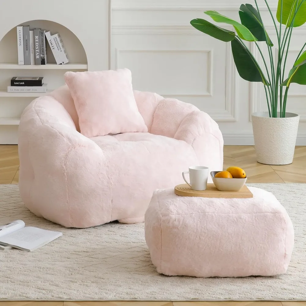 Bean Bag Chair for Adults, Faux Fur Upholstered Beanbag Chair with Shell-Shaped Design, Comfy Bean Bag Sofa with Pillow and Foot
