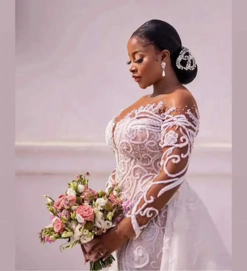 Robe de mariée africaine personnalisée en dentelle sirène détachable, manches longues, personnalisation