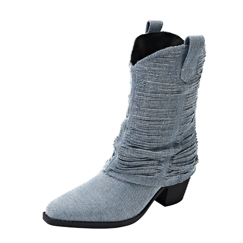 AJGS Western-Plateaustiefel für Damen, 2024, Herbst, plissiert, blauer Denim, mittelhohe Stiefel, dicker Absatz, spitzer Zehenbereich, Cowboy, einstufig