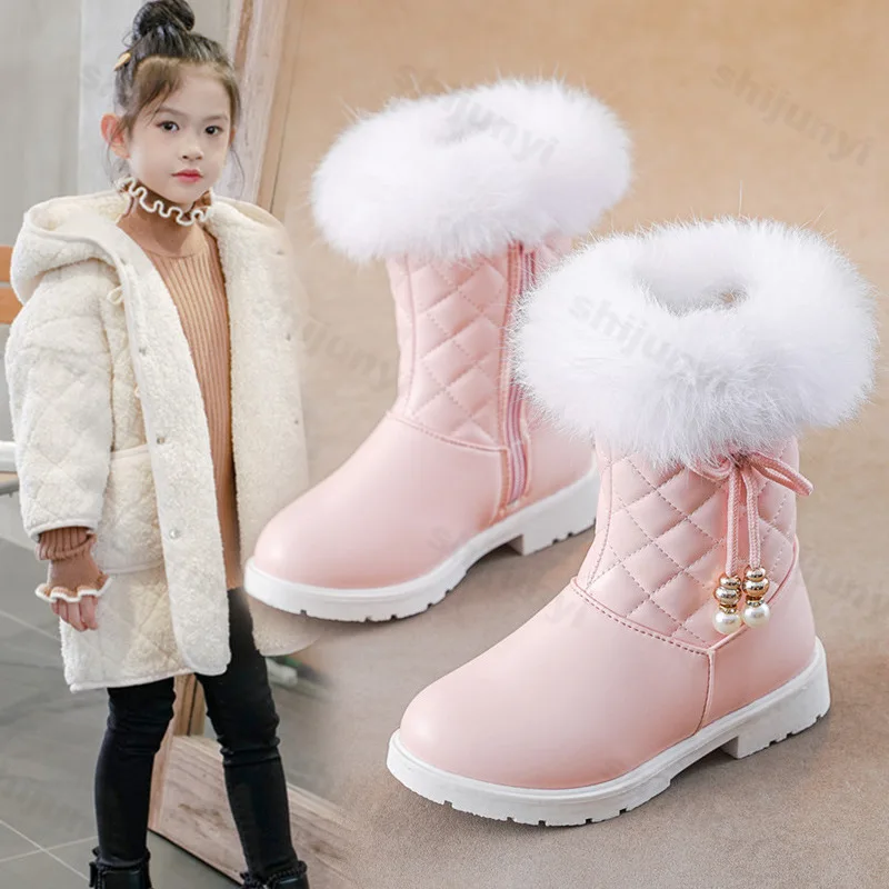 Girls Snow Boots 2026 Winter Children Fashion PU Leather Boots Kids Warm Plush Outdoors Comfortable Non Slip Cold-proof Boots