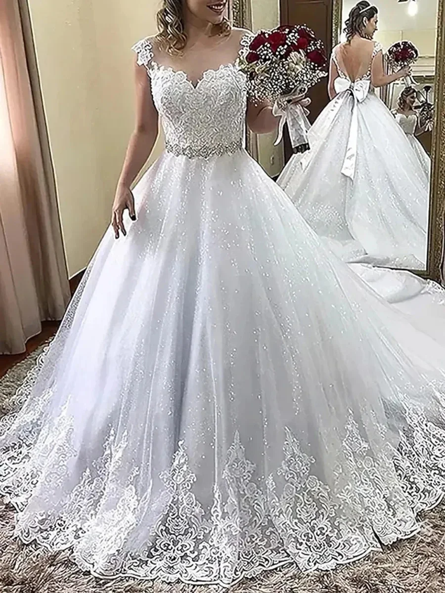 Vestido De novia con cuello redondo, bata De novia Vintage con apliques y lazo en la espalda, vestidos De novia formales bohemios personalizados