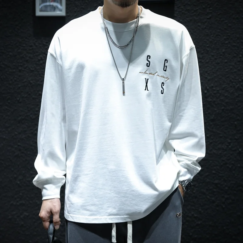 Loose Fit Men's Long Sleeve Cotton T-Shirt White round Neck Base Shirt Trendy Brand Casual Youthful Style Autumn Spring New A...