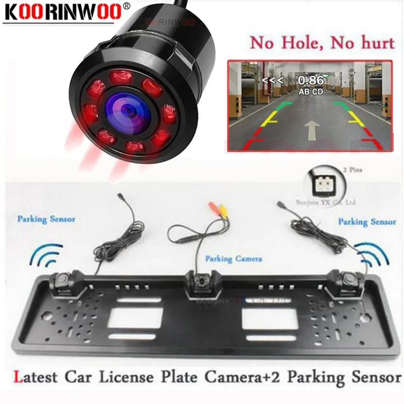 

Koorinwoo EU European Car License Plate Frame Camera Parking Car Rear View Camera 8IR Night Vision Two parking Sensor Reversing