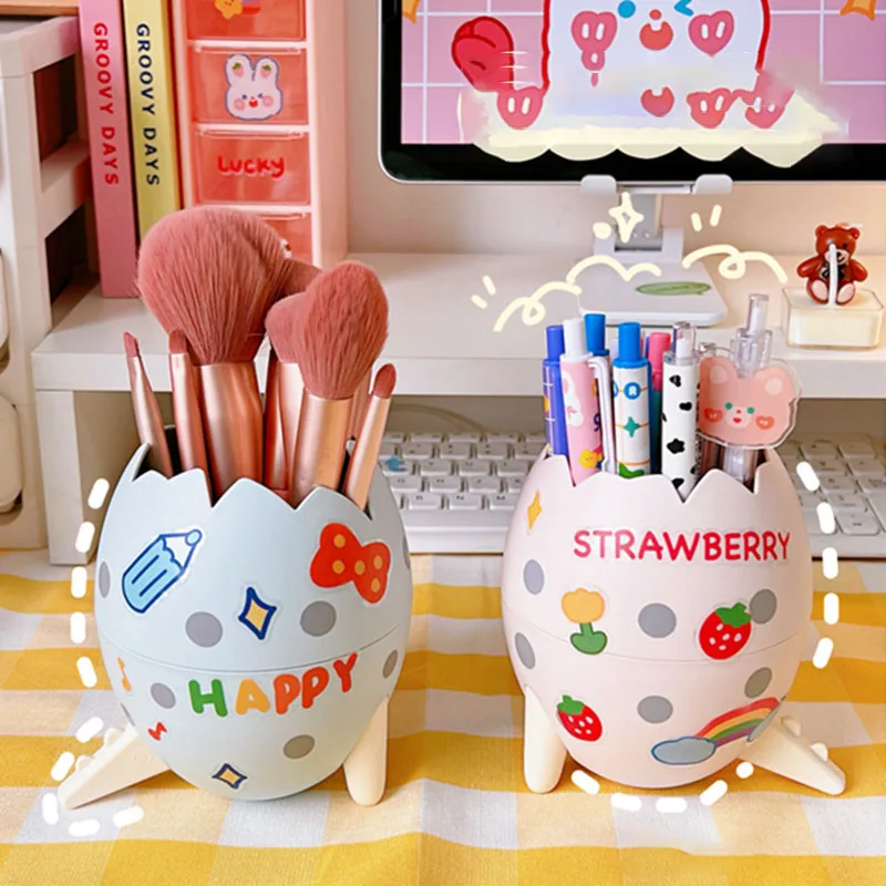 Kawaii Dinosaur Egg Desktop Trash Can Organizer Multifunction Creative Cosmetic Bucket with Lid Pen Holder Stickers Patchers