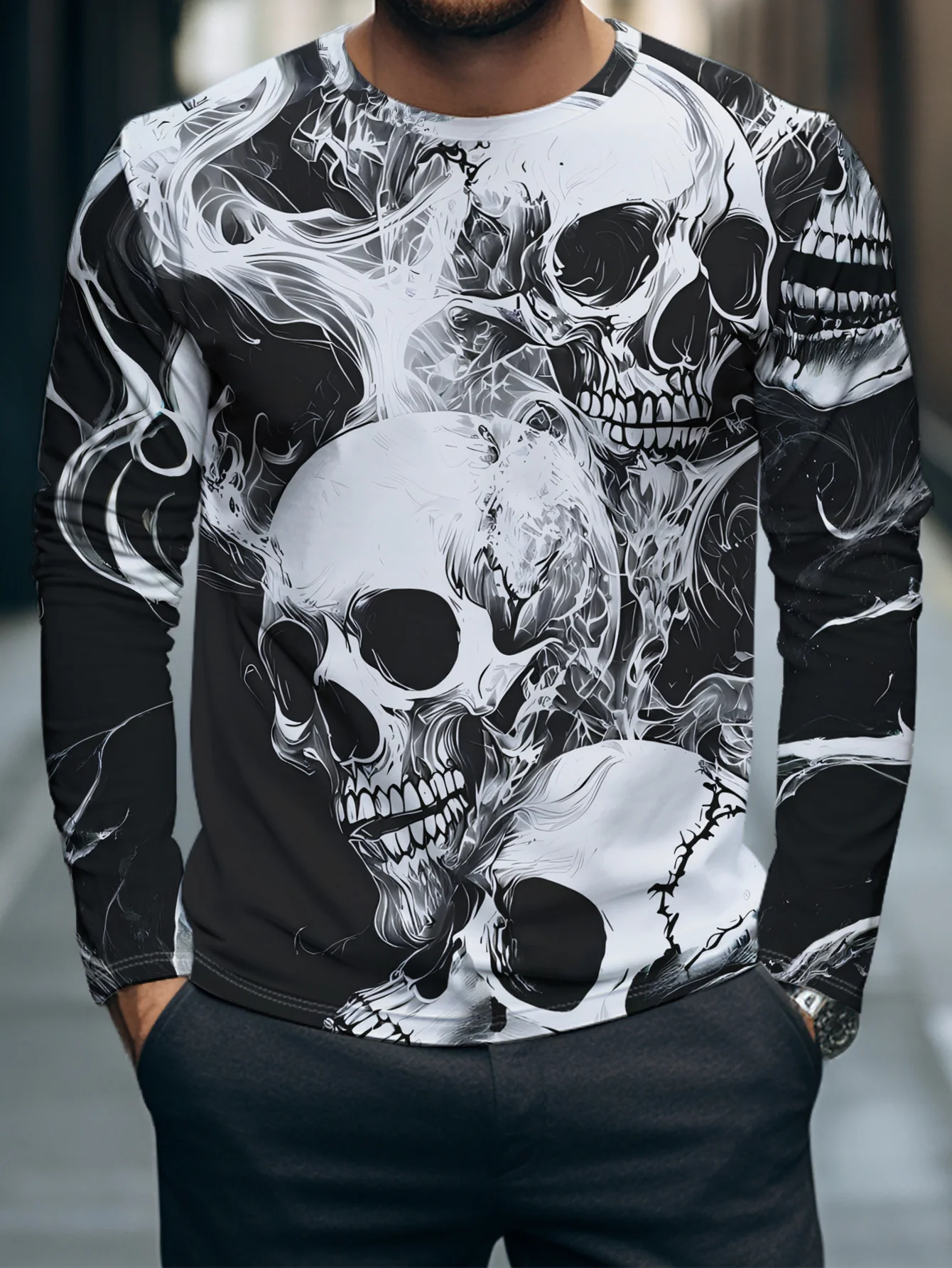 Men Long Sleeve T‑Shirt Multiple Skulls Smoke Effect 3D Print Monochrome Gothic Horror Streetwear Casual Top
