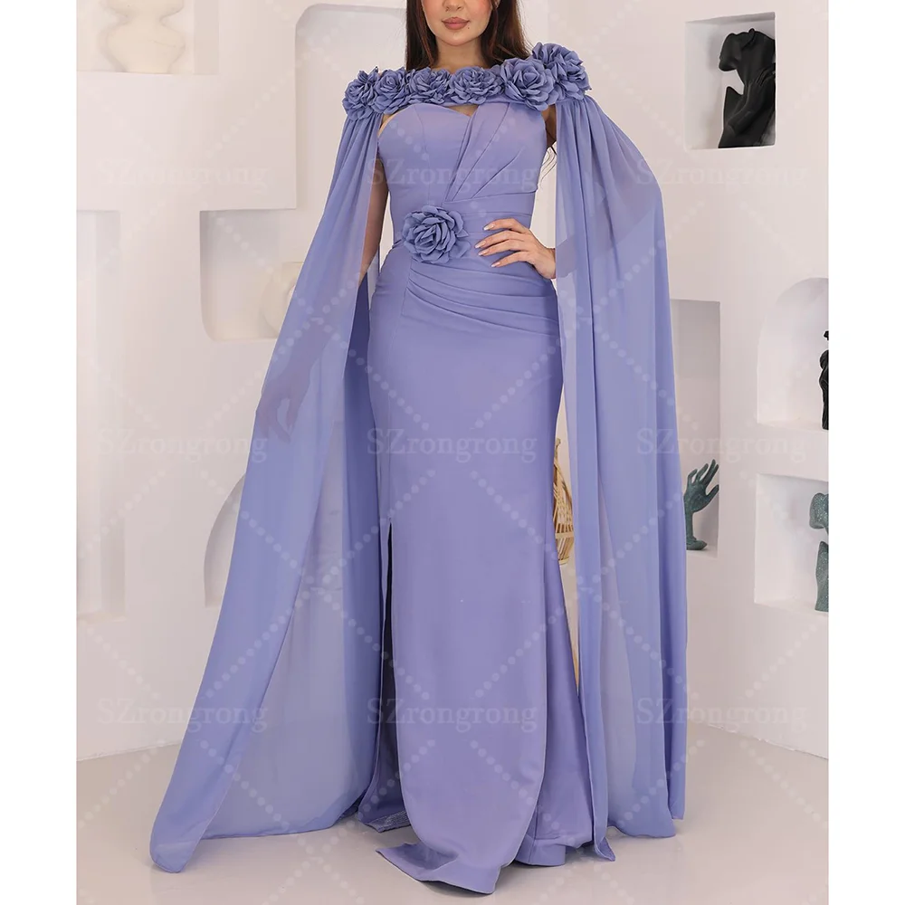 

Custom Made Women's Boat Collar Chiffon Sheath Sexy Saudi Arab Dress Floor Length Handmade Flowers Evening Party Dress with Cape
