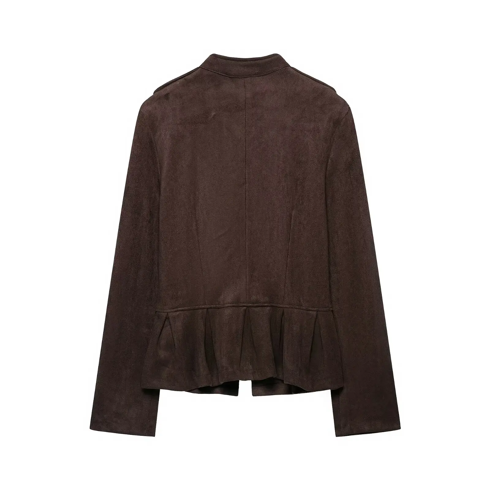 BSAY Vintage Militärjacke aus Kunstwildleder für Damen, Stehkragen, Metallknöpfe, plissierter Peplum-Rock, kurz geschnitten, langärmelige Oberbekleidung – Detail 3