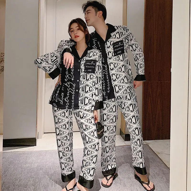 2024 New Couple Pajamas Spring Autumn Women Ice Silk Cool Comfortable Thin Homewear Suit Luxury Loose Casual Men Nightclothes