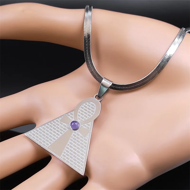 Egyptian Ankh Key Of Life Necklaces for Women/Men Silver Color Stainless Steel Purple Crystal Pyramid Necklace Jewelry bijoux