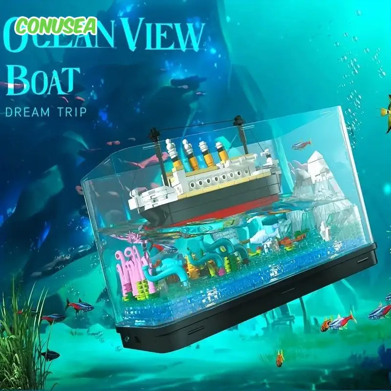 Led Fish Tank Pirate Ship Building Blocks Boat Creative Ocean View Boats Iceberg Assembly Model Bricks Children's Toys Gifts