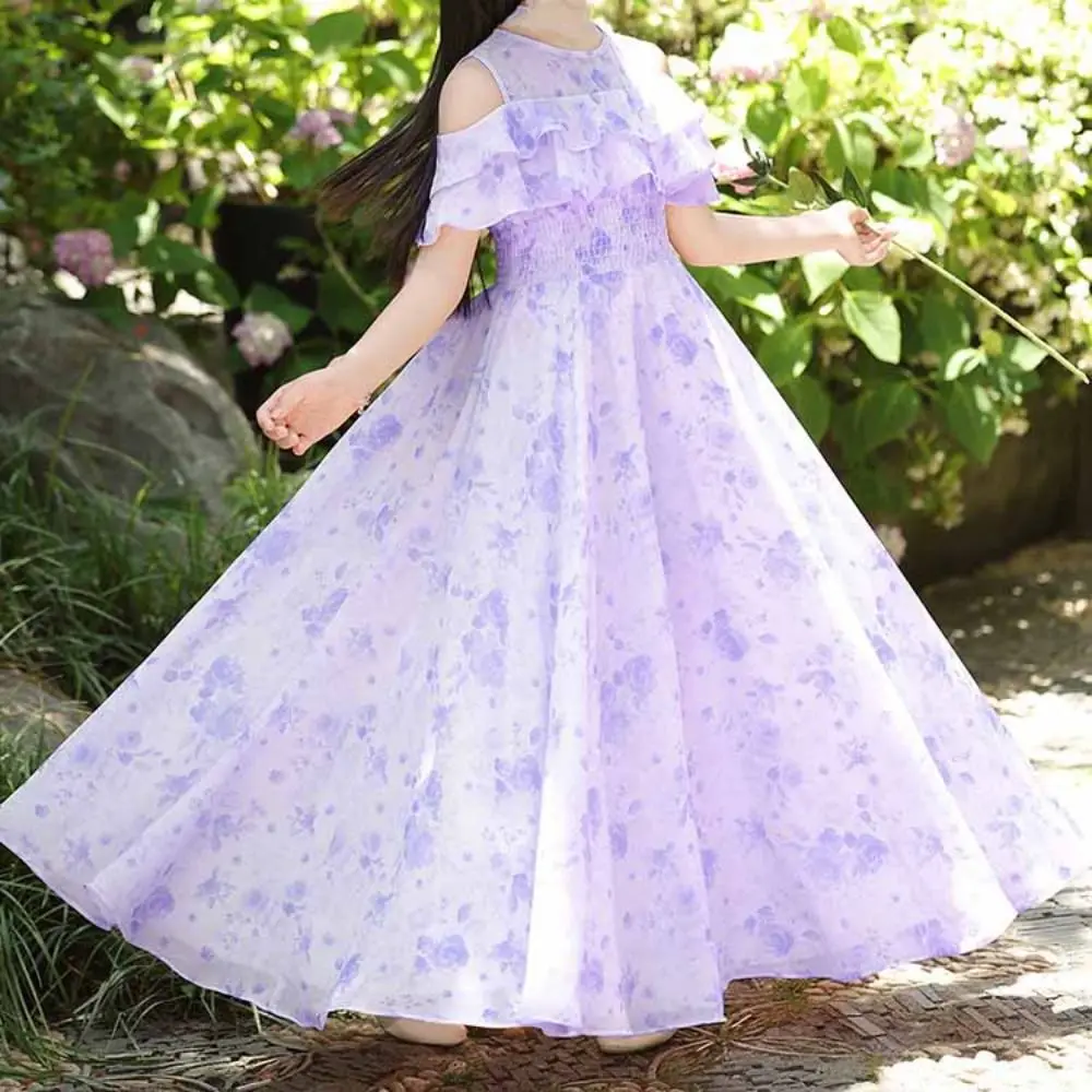 Fashion Loose Girls Chiffon Floral Dress Teenagers Party Summer Dresses Beach Vacation Pleated Children Princess Dress Students