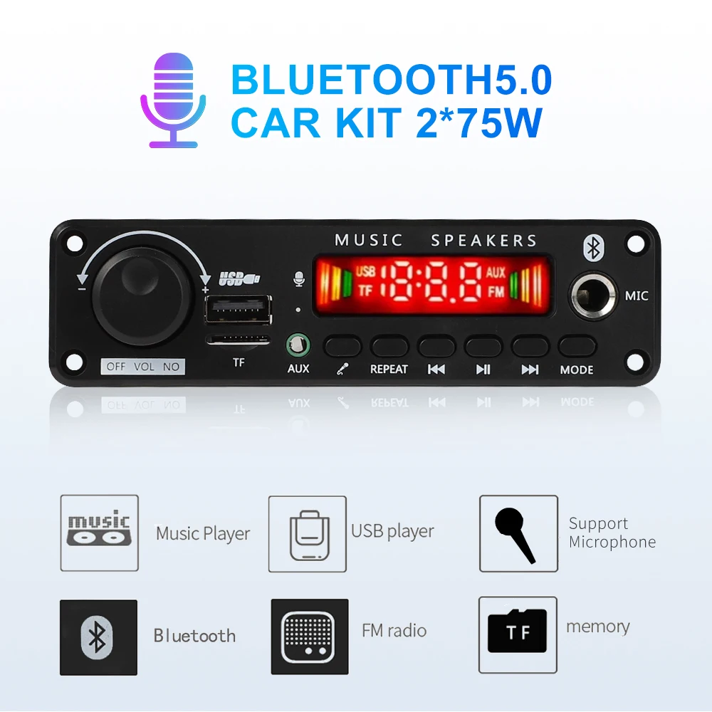 Bluetooth 5.0 MP3 Decoder Board 75W 150W Amplifier Audio Player 12V DIY MP3 Player Car FM Radio Module TF USB Mic Record Call