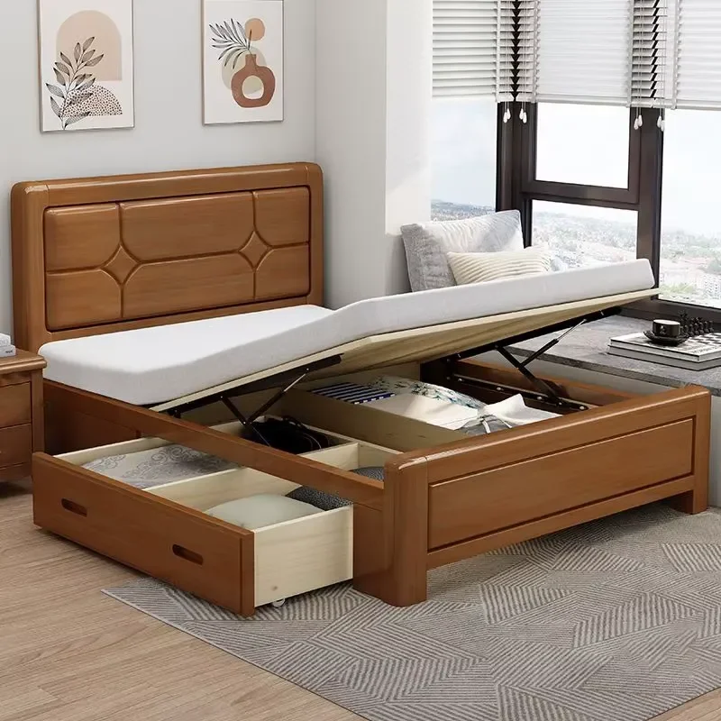 Bedroom Furniture Modern Single Simple Children Design Solid Wood Bed king Queen Size Wooden Box Kid's Beds with Drawer