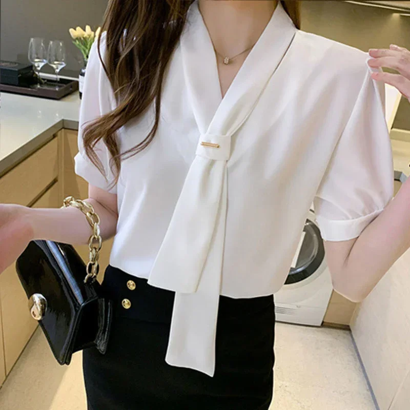 Korean Ribbon Women Shirts Blouses Short Sleeve Shirts Top Chic Office Lady Chiffon Blouse Tops Fashion Woman Tie Shirt