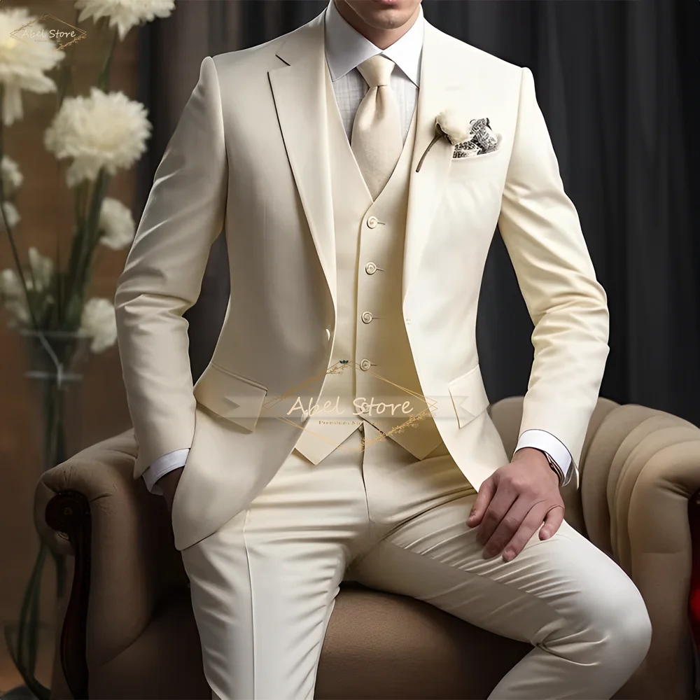 

Fashionable men's groom/best man suit 3-piece ivory notch lapel tuxedo elegant casual formal slim prom dinner suit