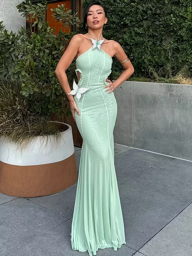 Sexy Fischschwanzkleid, langes Kleid mit Ausschnitt und Schleife, Kleid mit Ausschnitt und rückenfreiem Datum, Urlaubskleid