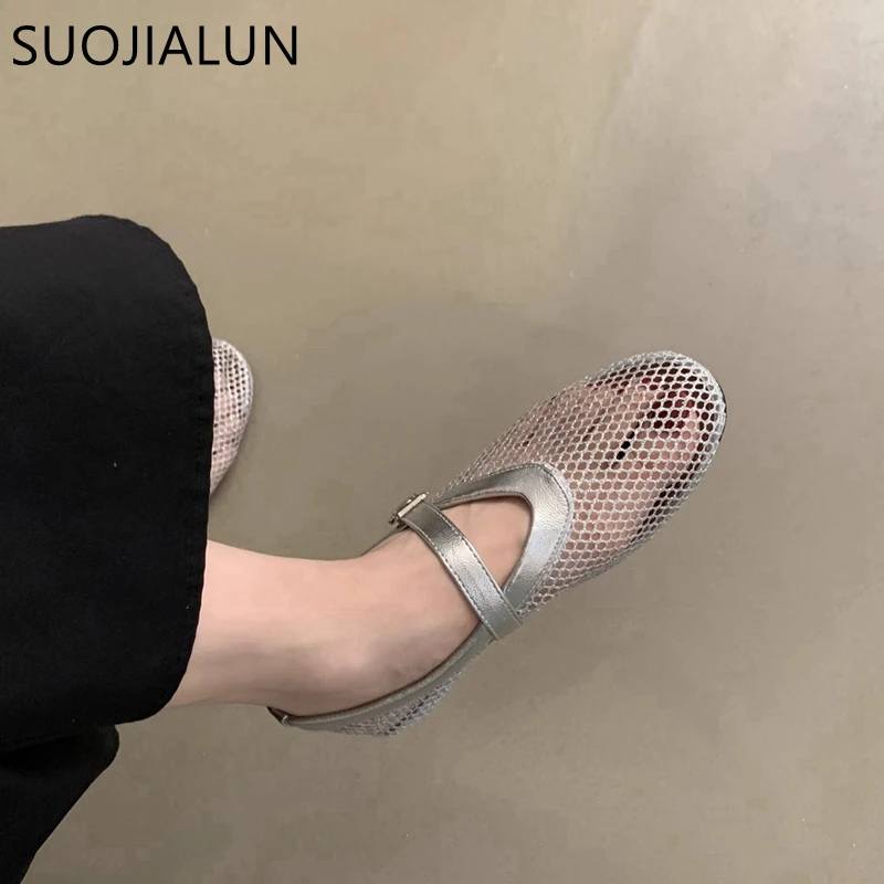 SUOJIALUN 2024 Summer New Brand Women Flat Shoes Fashion Mesh Ladies Elegant Mary Jane Shoes Soft Sole Outdoor Dress Ballerinas