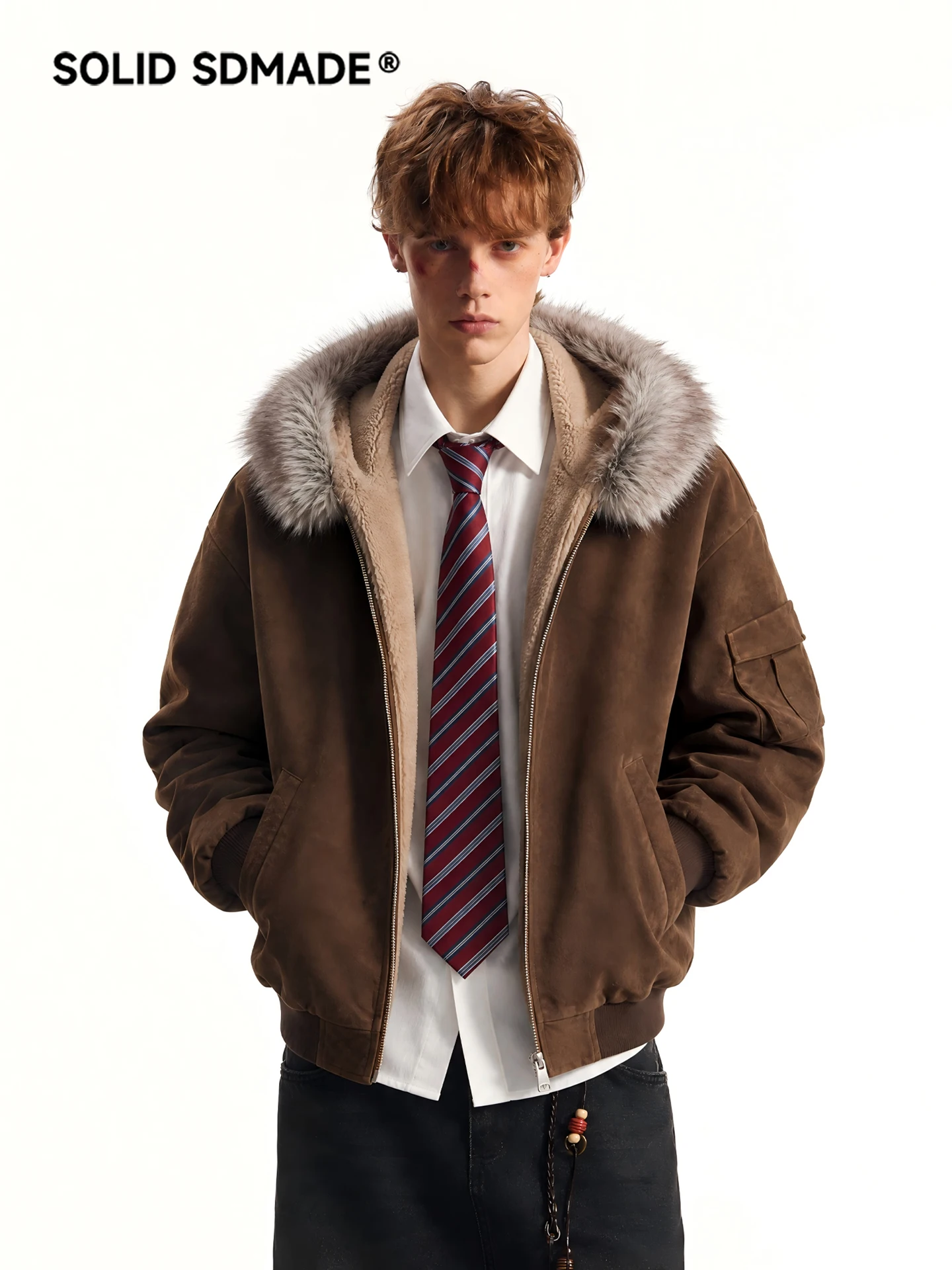 SDMADE American Retro Suede Fur Collar Cotton Jacket Men Women Style Winter Inner All Fur Cotton Clothes Warmth Zipper Hooded