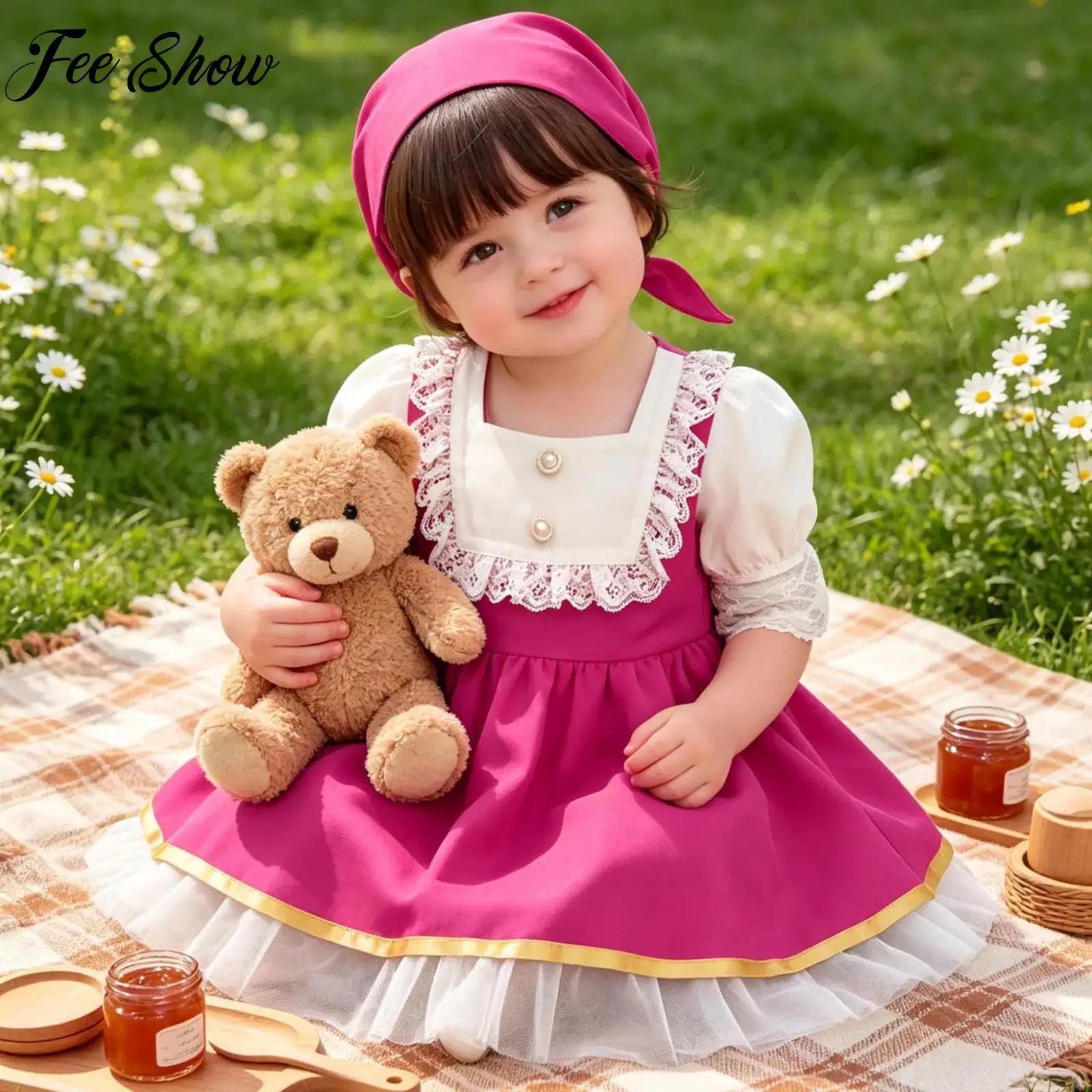 Baby Toddler Girls Cute Maid Dress-up Clothes Short Sleeve Lace Zipper Layered Mesh Tulle Dress with Headband for Party Birthday