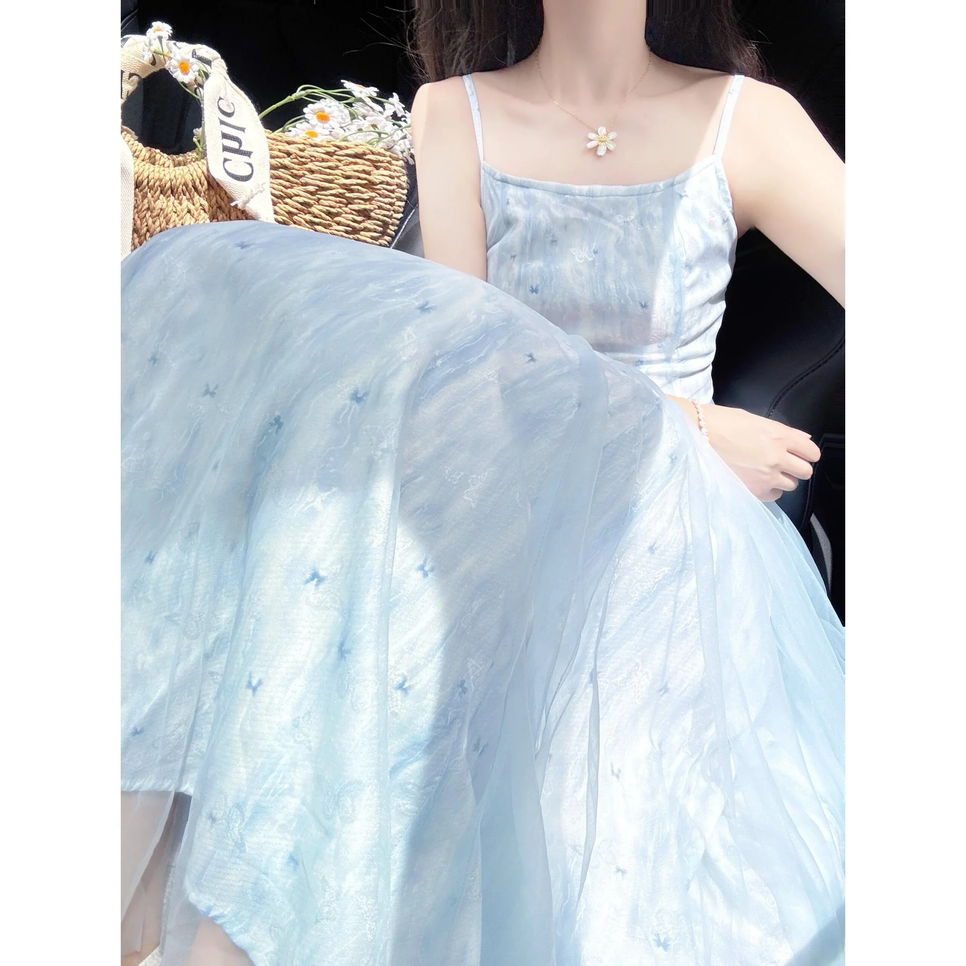 休暇 Fairycore スパゲッティストラップドレス女性ライトブルーチュール A ラインガウンエレガントな夏フレンチスウィートプリンセスメッシュロングドレス