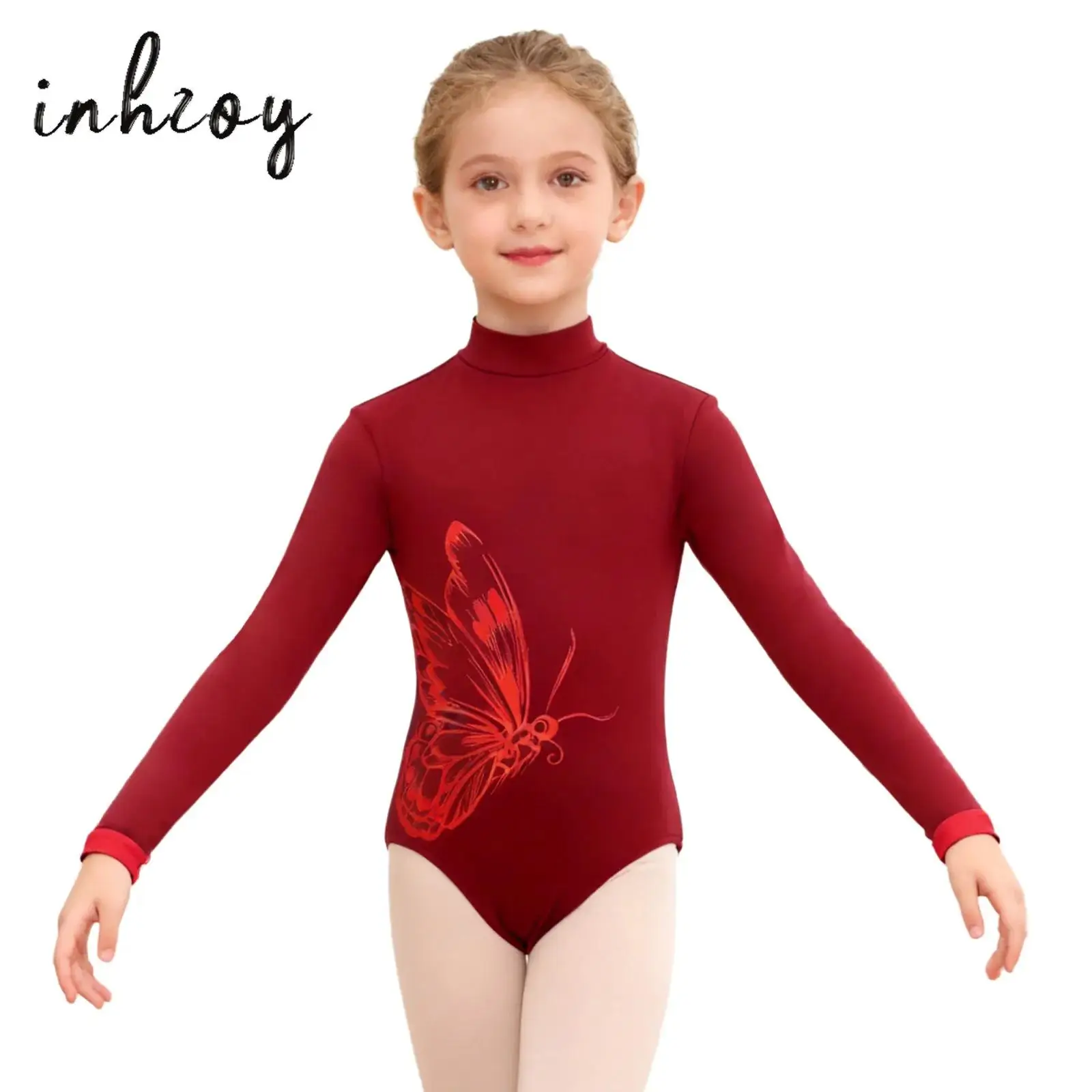 

Kids Girls Fleece Lined Gymnastics Ballet Leotard Mock Neck Long Sleeve Butterfly Pattern Leotard Bodysuit Dance Practic Costume