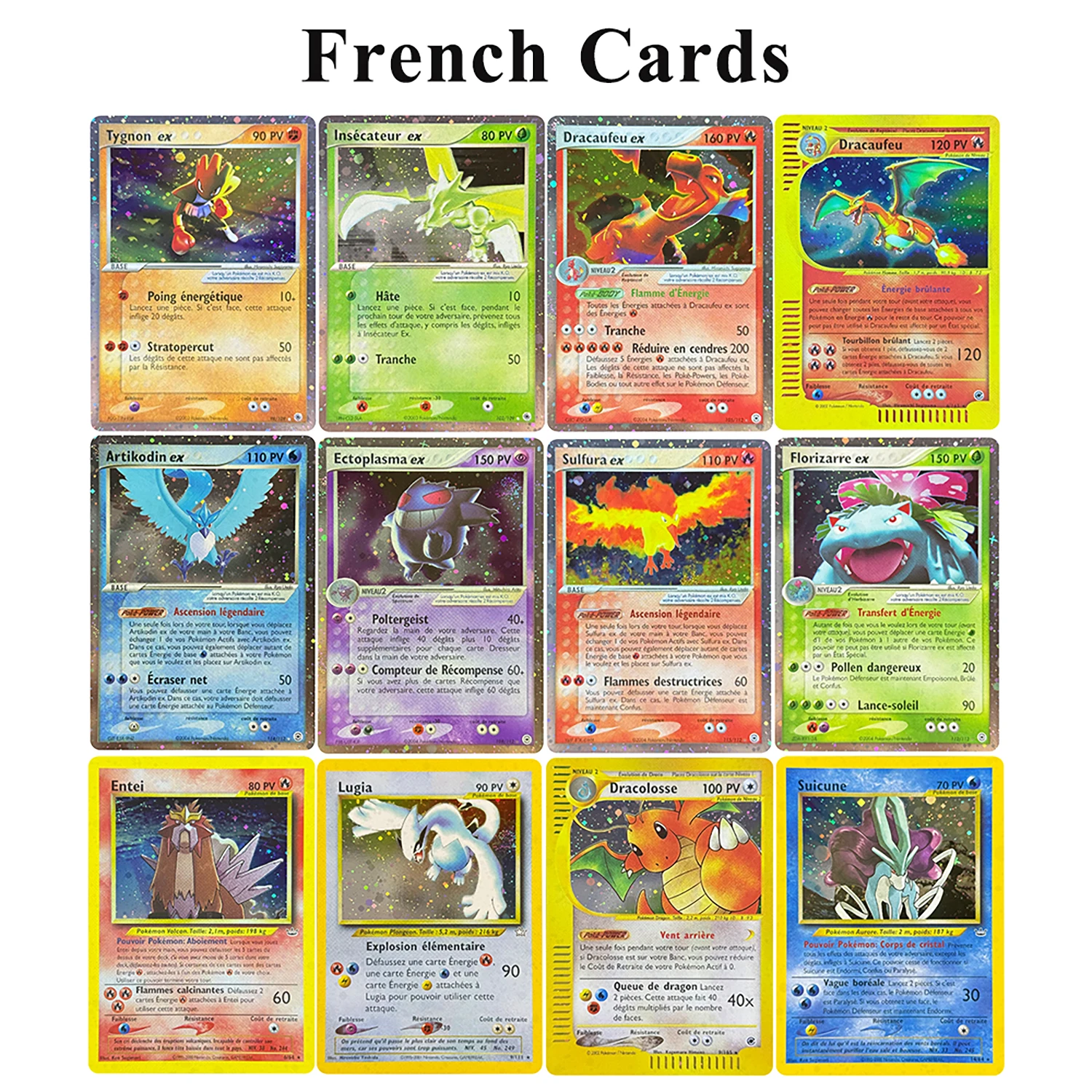 PTCG Proxy-Karten Französisch Holographisch Neo Suicune Lugia Dracolosse Expedition Dracaufeu Mentali Mewtwo Tortank Sammelkarten