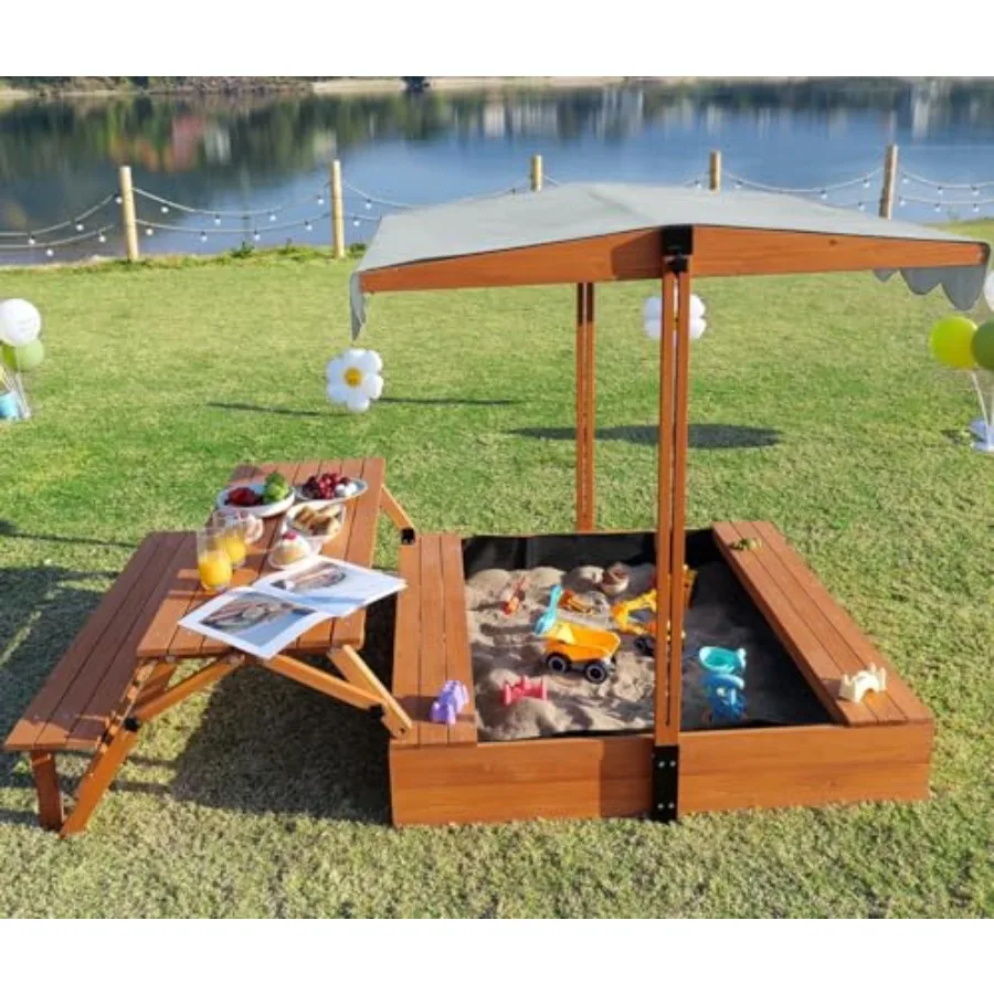 

Деревянная песочница с крышкой, уличная песочница с пикник-столом, складная песочница с покрытием, для детей 4-8 лет, регулируемый навес, нижний вкладыш.