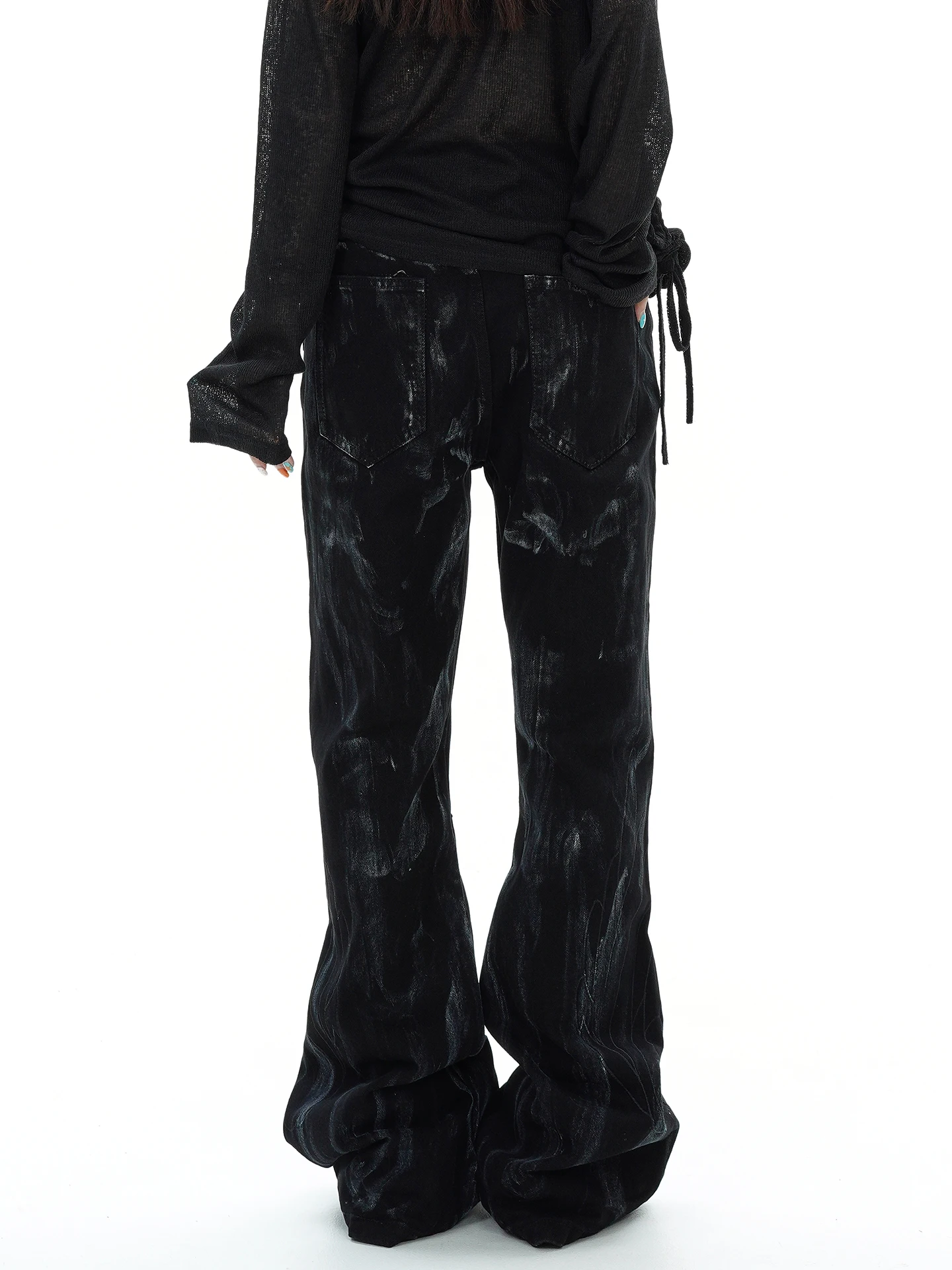 Summer New Style Women's Jeans Spray Painted Dirty Micro Flared Street Style Versatile Multi Pocket Long Trousers Trendy